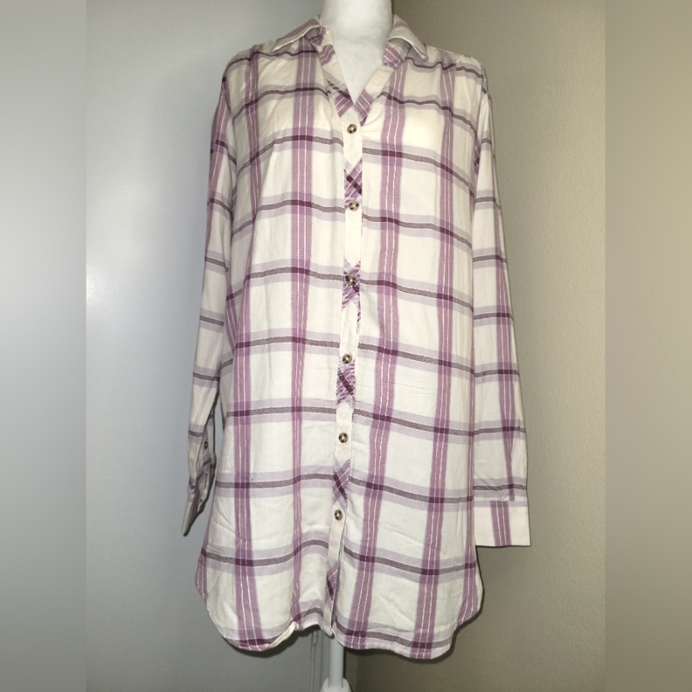NWT, Knox Rose Long Sleeve Button Down PLaid Blouse, Size Large
